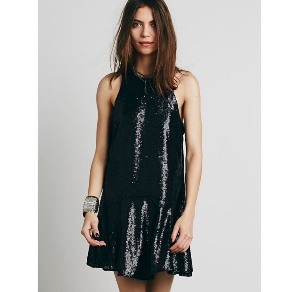Free People Liquid Shine Black Sequin Mini Dress